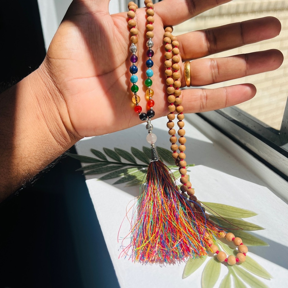 Buddhist Wooden Mala with 7 chakra stones Mala Necklace